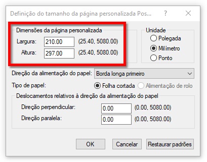 Largura e Altura do papel